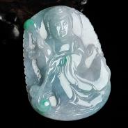 糯冰种春带彩缅甸翡翠站观音挂件