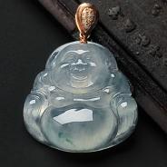 冰玻种飘花缅甸翡翠镶玫瑰金扣玉佛挂件（真钻）