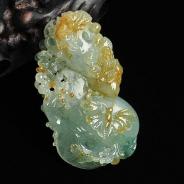 冰种黄翡飘花缅甸翡翠蝶恋花挂件