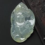 冰种晴水略带淡黄翡缅甸翡翠观音头挂件