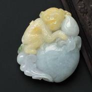 糯冰种晴水带黄翡缅甸翡翠A货灵猴献寿挂件