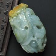 糯冰种晴水略带黄翡缅甸翡翠A货龙凤呈祥手玩件