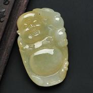 糯冰种淡黄翡缅甸翡翠A货逍遥佛挂件