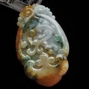 糯冰种红黄翡飘花缅甸翡翠A货仿古龙行如意挂件