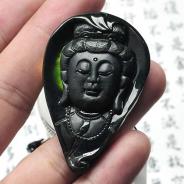 糯冰种墨翠缅甸翡翠A货观音头挂件