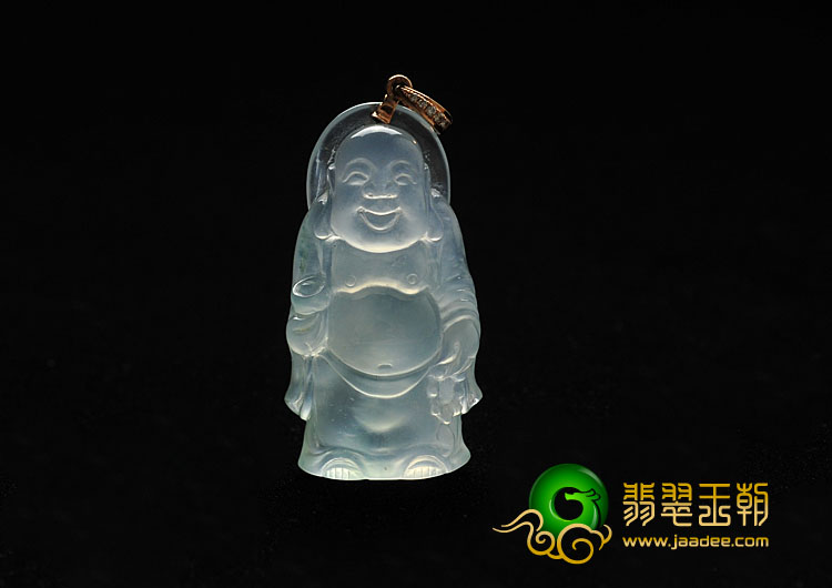 冰玻种略飘花缅甸翡翠A货站佛挂件