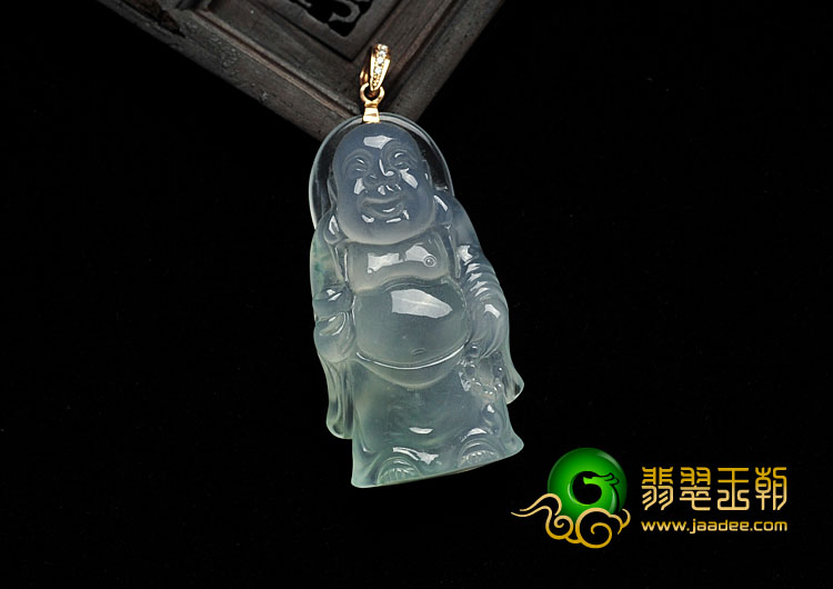 冰玻种略飘花缅甸翡翠A货站佛挂件
