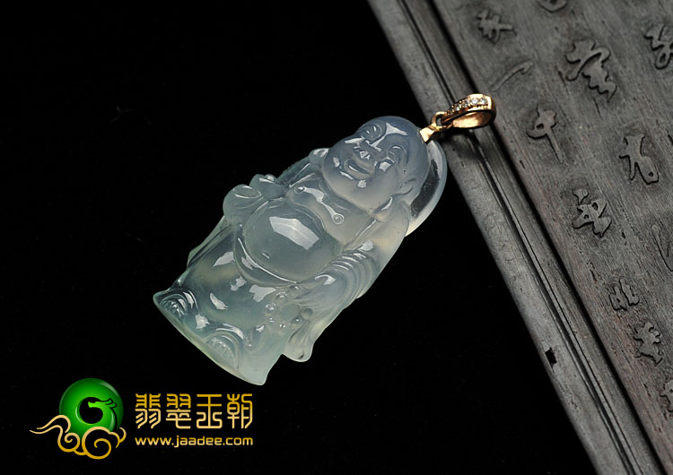 冰玻种略飘花缅甸翡翠A货站佛挂件