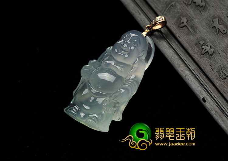 冰玻种略飘花缅甸翡翠A货站佛挂件