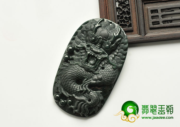 糯冰种墨翠缅甸翡翠A货龙行天下挂件