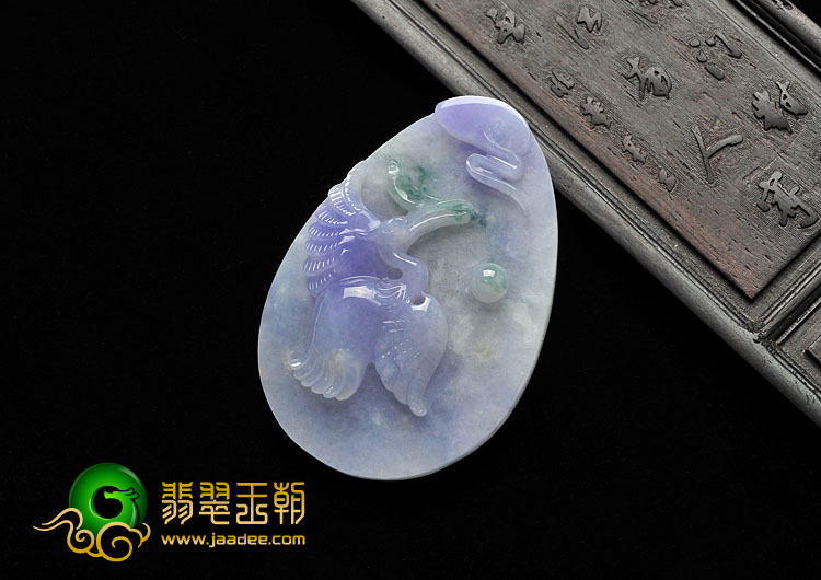 糯冰种紫罗兰飘花缅甸翡翠A货仙鹤挂件