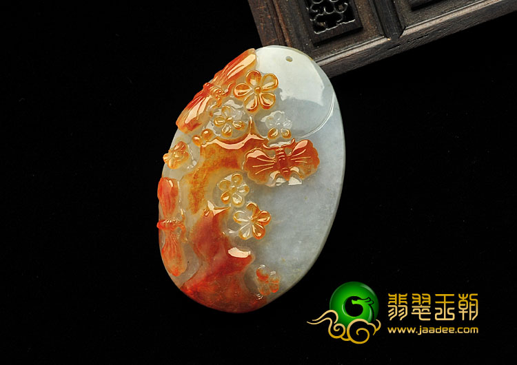 糯冰种红黄翡晴水缅甸翡翠A货蝶恋花挂件
