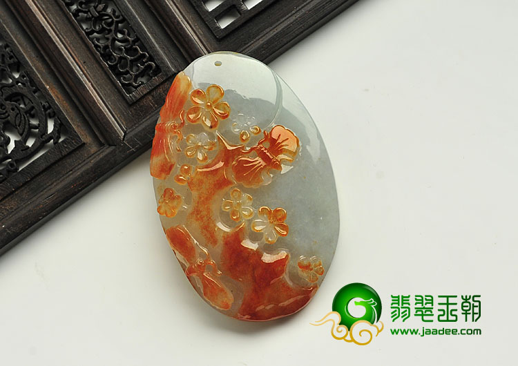 糯冰种红黄翡晴水缅甸翡翠A货蝶恋花挂件