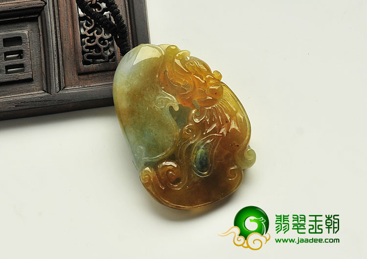糯冰种褐黄翡缅甸翡翠A货龙凤呈祥挂件