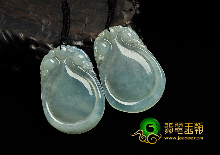 冰种晴水缅甸翡翠A货双龙如意挂件（一对）