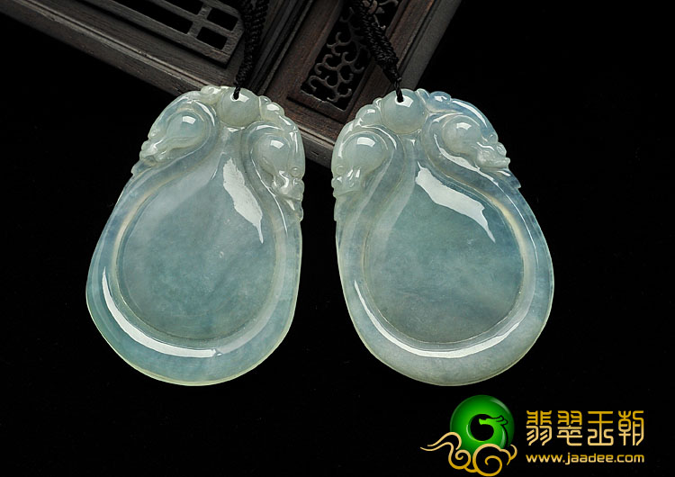 冰种晴水缅甸翡翠A货双龙如意挂件（一对）