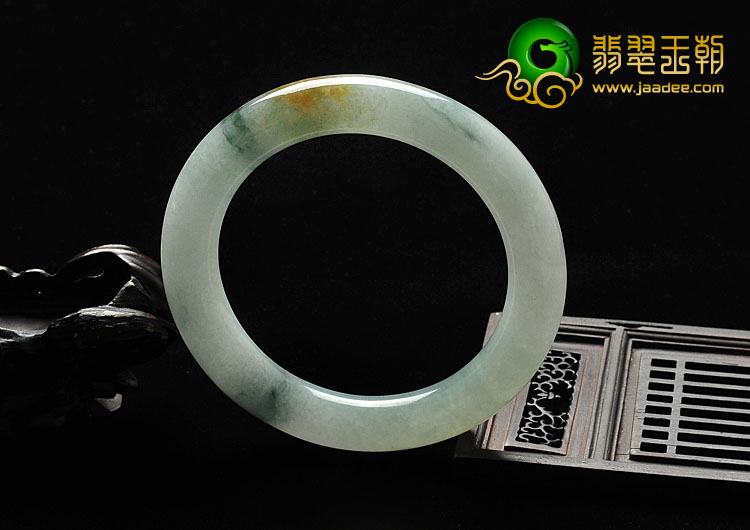 糯冰种黄翡飘花缅甸翡翠A货圆条手镯（58.5mm）
