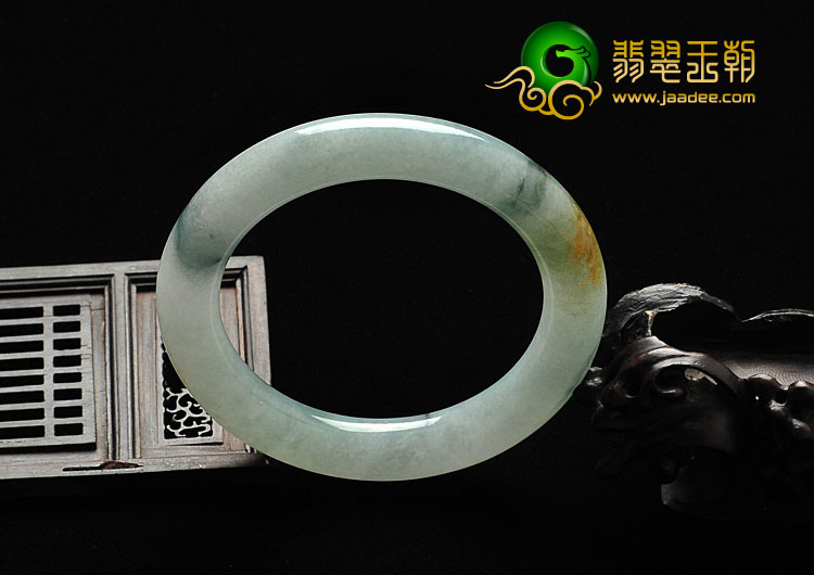 糯冰种黄翡飘花缅甸翡翠A货圆条手镯（58.5mm）
