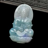 糯冰种春带彩缅甸翡翠A货观音挂件