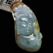 糯冰种晴水褐红黄翡缅甸翡翠A货观音头挂件