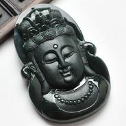 冰种墨翠缅甸翡翠A货观音头挂件