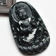 冰种墨翠缅甸翡翠A货坐莲观音挂件