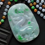 糯冰种春带彩缅甸翡翠A货龙牌挂件
