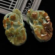 糯冰种褐黄翡晴水缅甸翡翠A货貔貅挂件（一对）