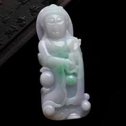 细糯种春带彩缅甸翡翠A货站观音挂件