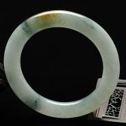 糯冰种黄翡飘花缅甸翡翠A货圆条手镯（58.5mm）
