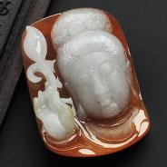 糯冰种褐黄翡缅甸翡翠A货观音头挂件