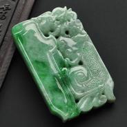 糯冰种翠色缅甸翡翠A货仿古龙凤牌挂件