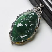 冰种油青缅甸翡翠A货镶白金玉佛胸坠（真钻）