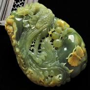 糯冰种晴水褐黄翡缅甸翡翠A货凤戏牡丹手玩件