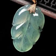 冰种飘花缅甸翡翠A货镶金扣叶子挂件