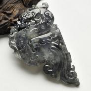 糯冰种（乌鸡种）墨色缅甸翡翠A货龙凤牌挂件