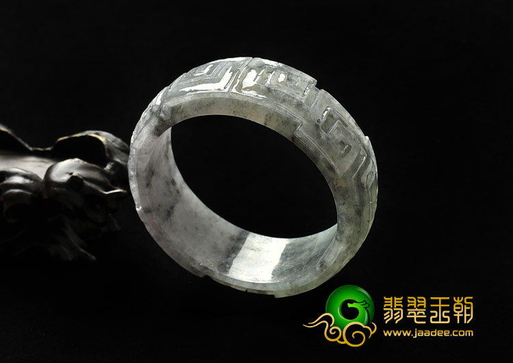 冰种（乌鸡种）灰色带晴水缅甸翡翠A货雕花手镯（58.2mm）