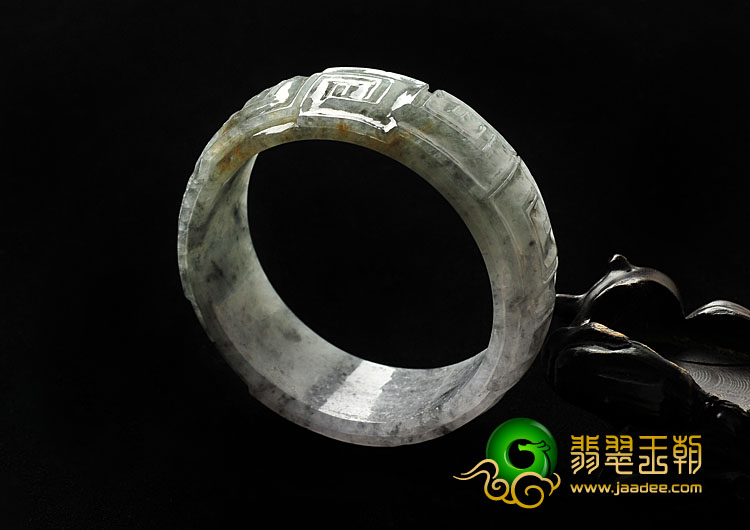 冰种（乌鸡种）灰色带黄翡缅甸翡翠A货雕花手镯（57.7mm）