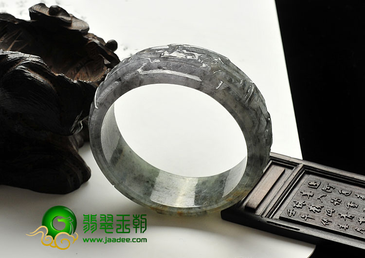 冰种（乌鸡种）灰色带黄翡缅甸翡翠A货雕花手镯（57.7mm）