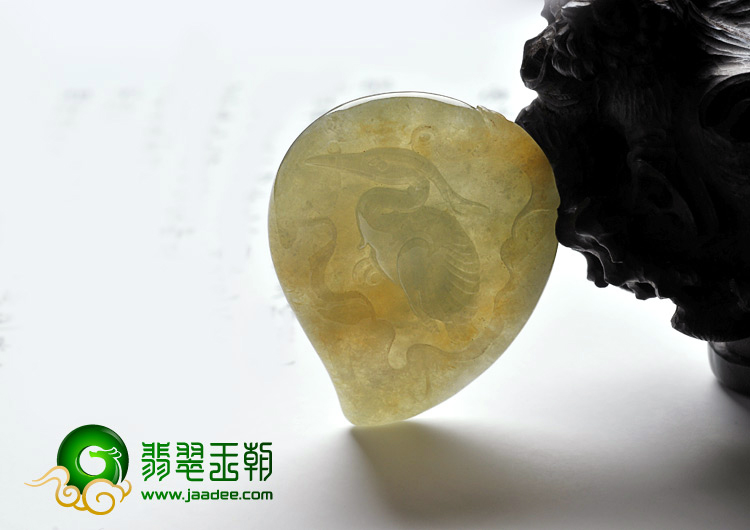 糯冰种淡黄翡缅甸翡翠A货仙鹤挂件