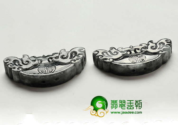 糯冰种（乌鸡种）灰墨色缅甸翡翠A货龙凤钰挂件（一对）