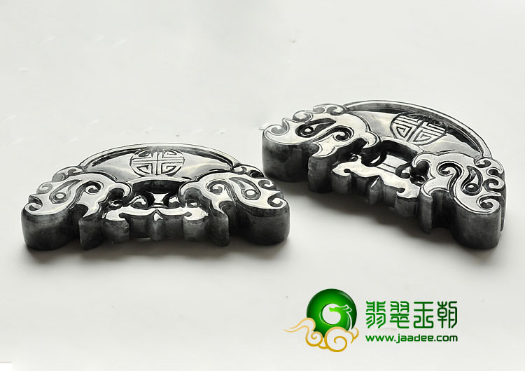 糯冰种（乌鸡种）灰墨色缅甸翡翠A货龙凤钰挂件（一对）