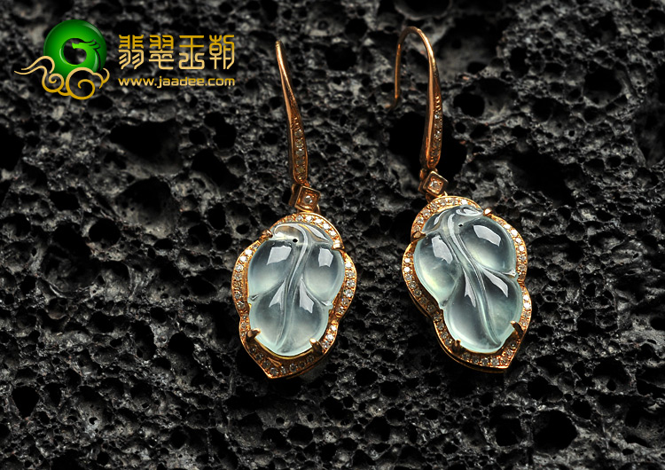 玻璃种缅甸翡翠A货镶玫瑰金金枝玉叶耳坠（真钻）