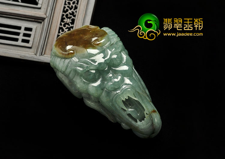 糯冰种油青带褐黄翡缅甸翡翠A货兽头挂件