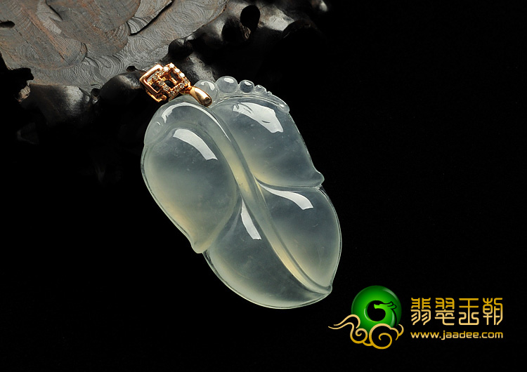 冰种晴水缅甸翡翠A货镶玫瑰金扣叶子挂件