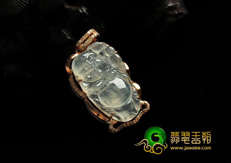 (超值推荐)冰玻种缅甸翡翠A货镶玫瑰金逍遥佛胸坠（真钻）