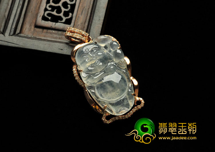 (超值推荐)冰玻种缅甸翡翠A货镶玫瑰金逍遥佛胸坠（真钻）
