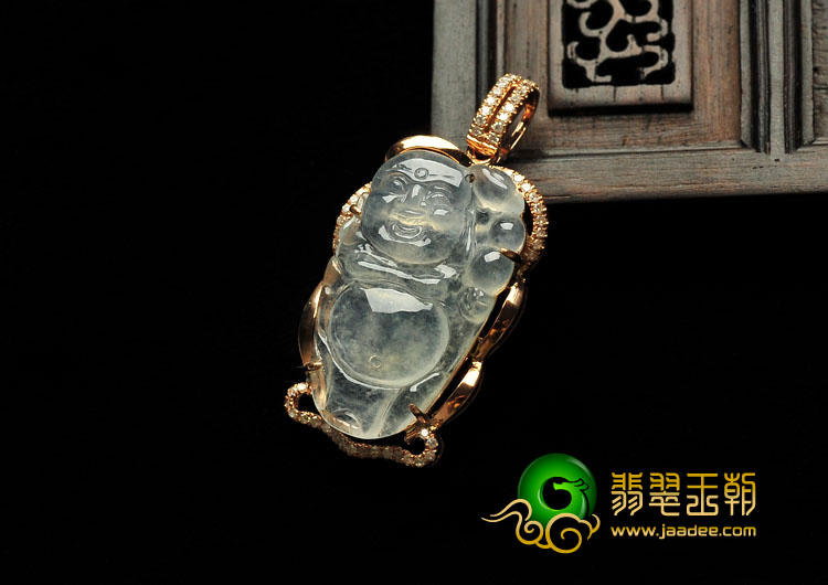 (超值推荐)冰玻种缅甸翡翠A货镶玫瑰金逍遥佛胸坠（真钻）