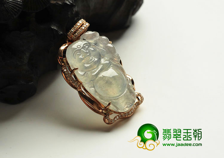 (超值推荐)冰玻种缅甸翡翠A货镶玫瑰金逍遥佛胸坠（真钻）