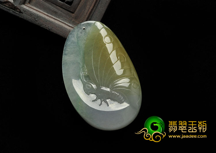 冰种黄翡略飘花缅甸翡翠A货蝴蝶挂件